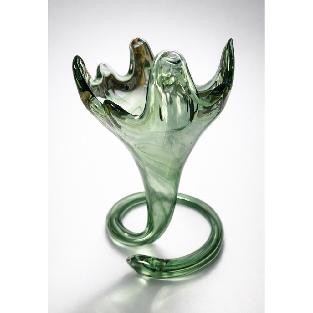 Vintage Murano Green Hand Blown Art Glass Sculpture Coiled Base MCM 60's 10.75"